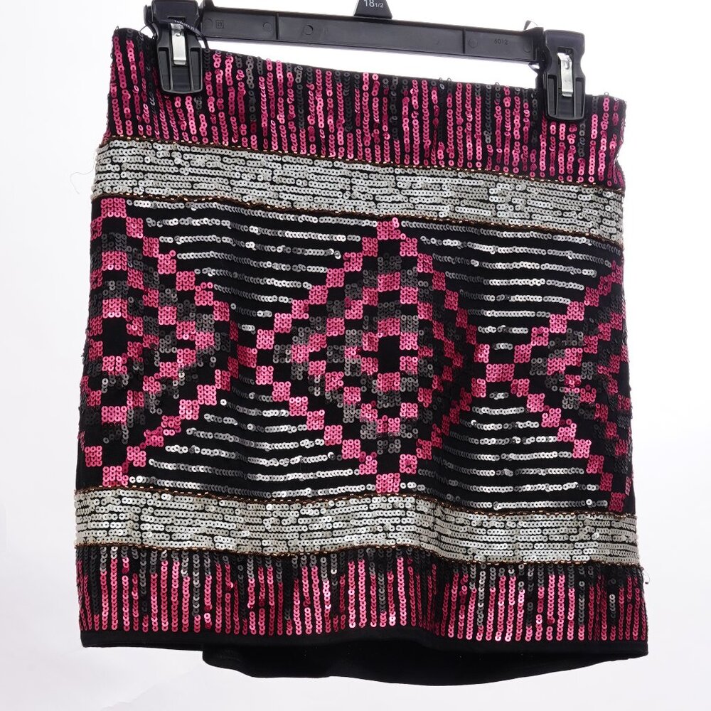 Forever 21 Women Mini Skirt SZ L Black-Pink Sequined-Side Zip Cocktail-Party Nig